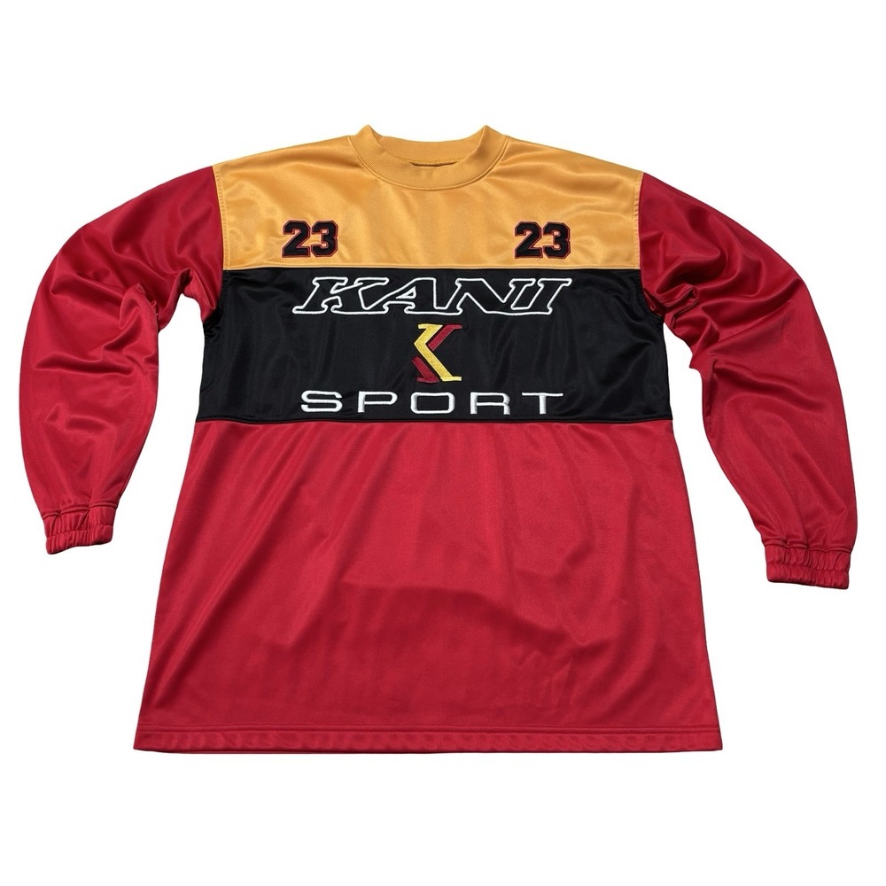 Vintage Karl Kani Sport Yellow Red Embroidered Logo Sweatshirt Size M 23 x 31